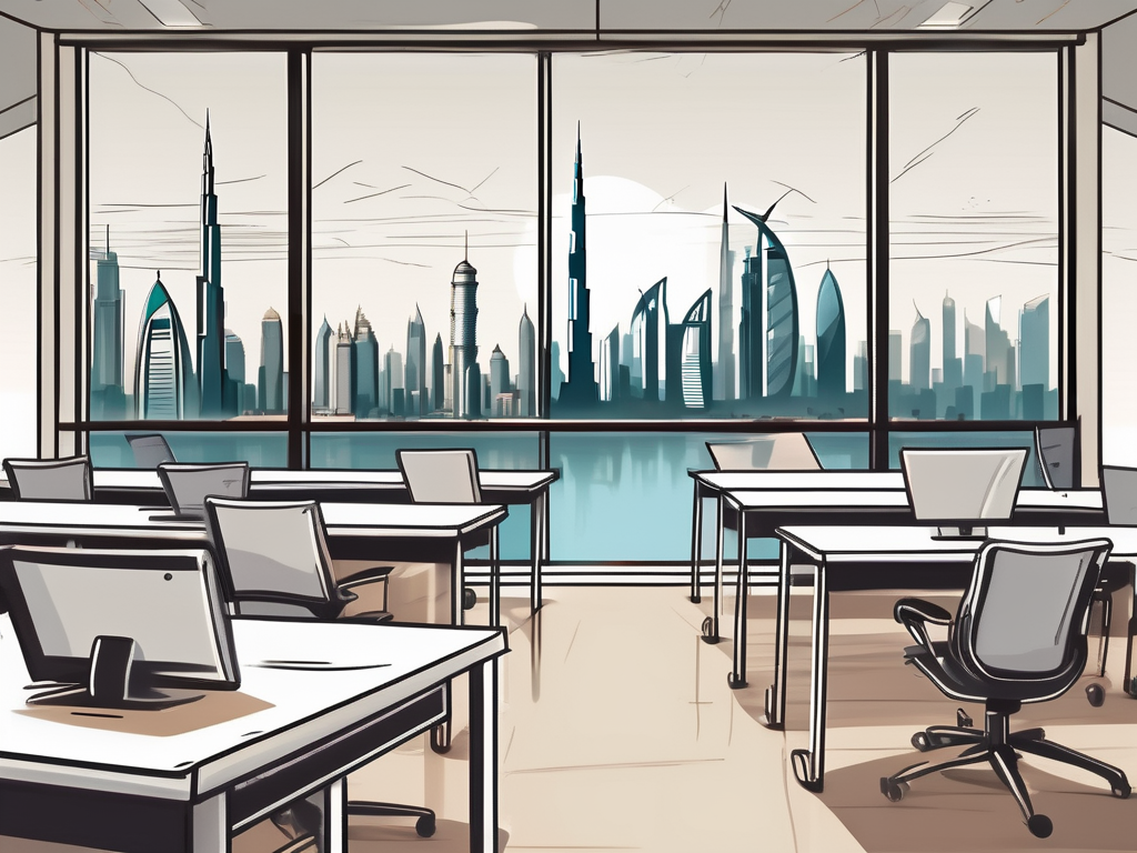 A modern classroom with international flags