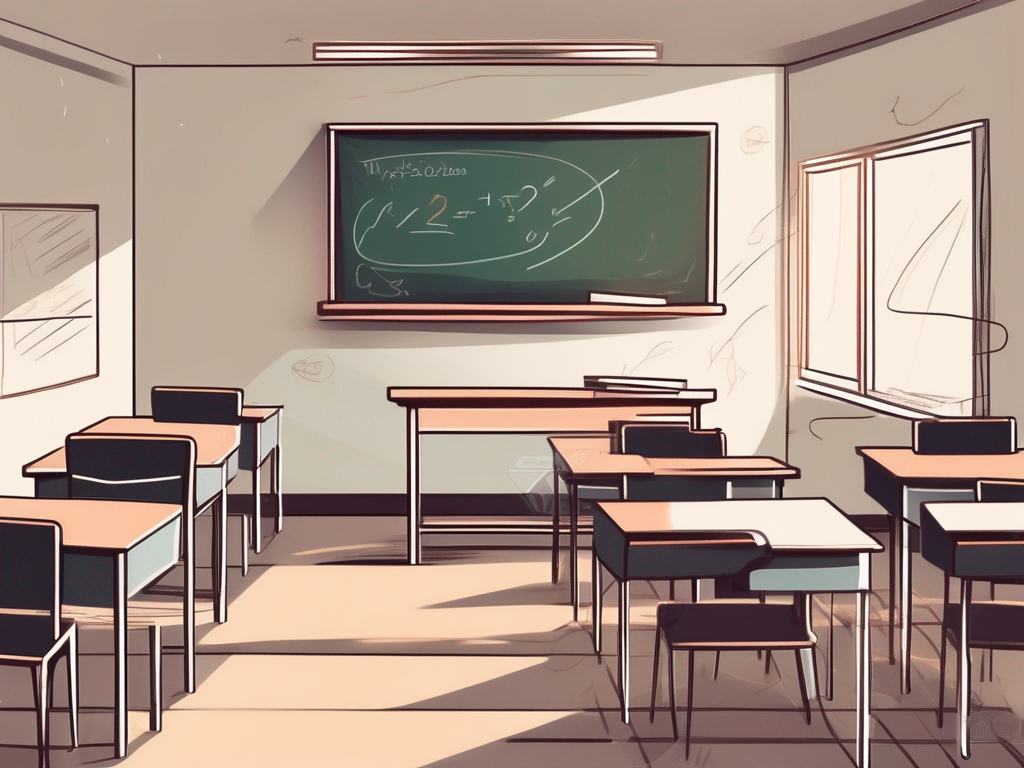 A uae classroom setting with empty teacher's desk and chalkboard