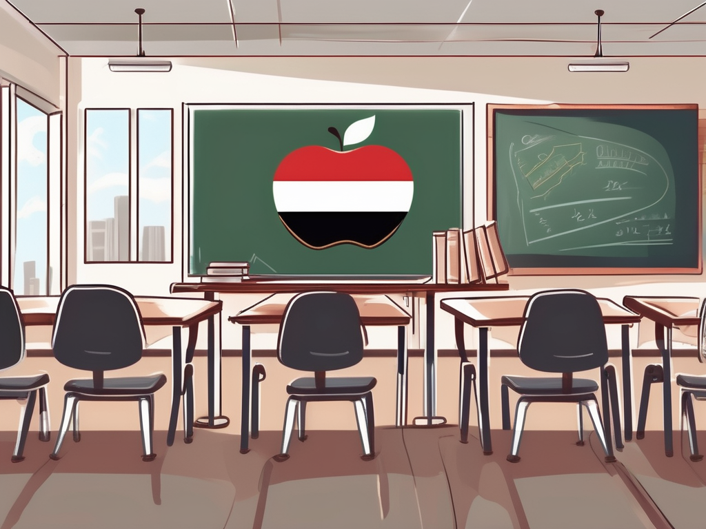 A classroom setting with empty chairs and desks