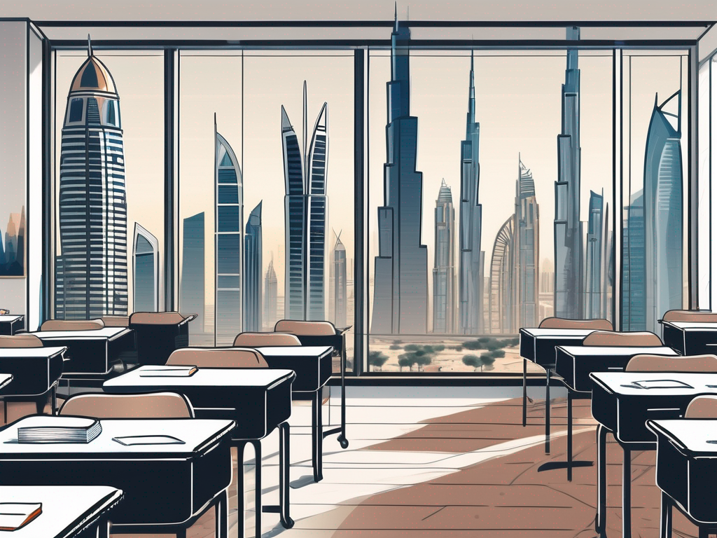 A classroom setting in dubai with a chalkboard