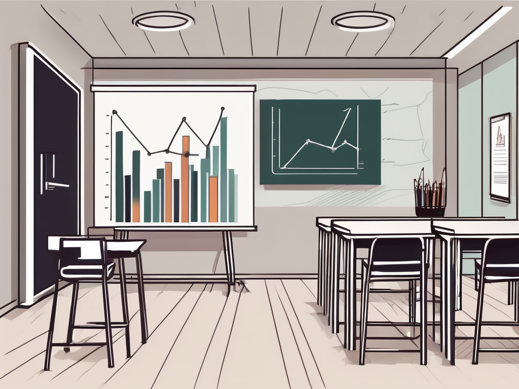 A classroom setting in dubai with a chalkboard displaying a bar chart showing potential savings