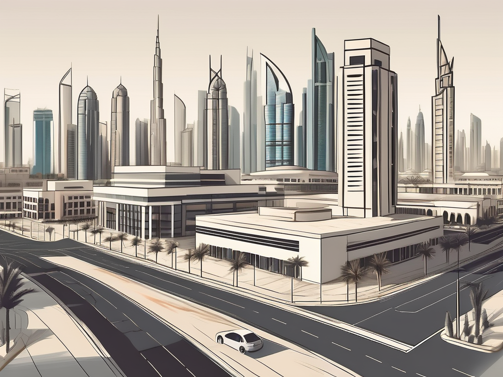 A typical upscale dubai cityscape with a school building in the foreground