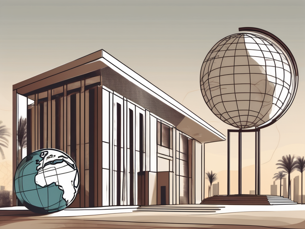A dubai public school building with a globe and a certificate (representing ipgce) in the foreground