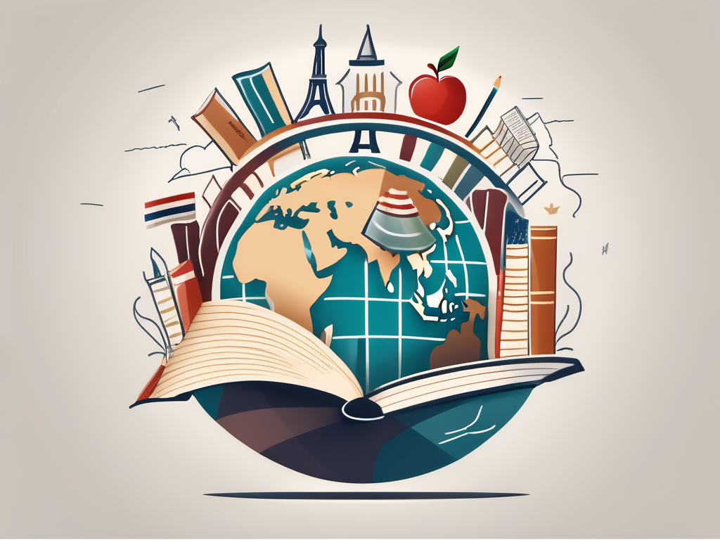 A globe with various iconic educational symbols like books