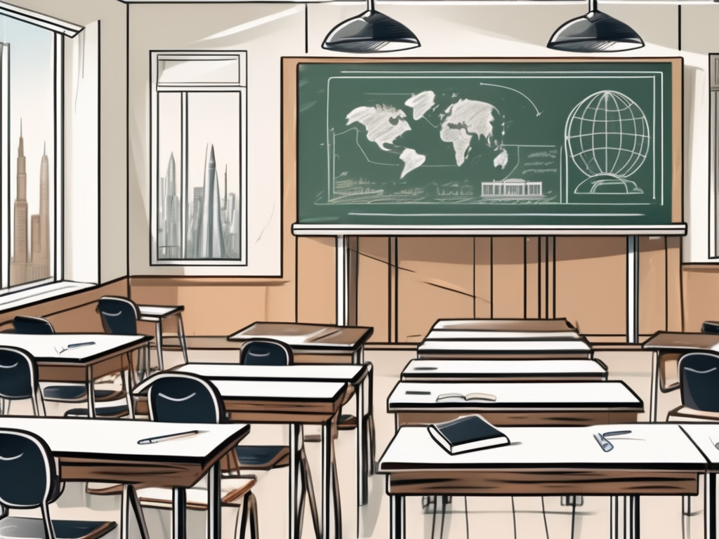 A classroom setting with iconic emirates landmarks in the background