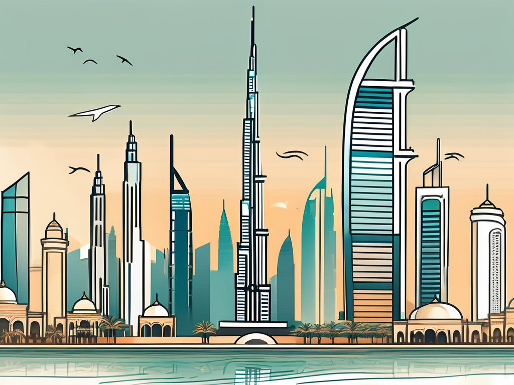 A vibrant cityscape of dubai with iconic landmarks like burj khalifa and palm jumeirah