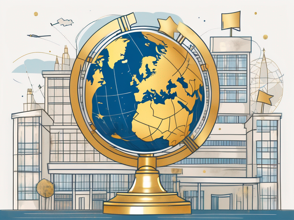 A globe with various school buildings scattered across different countries