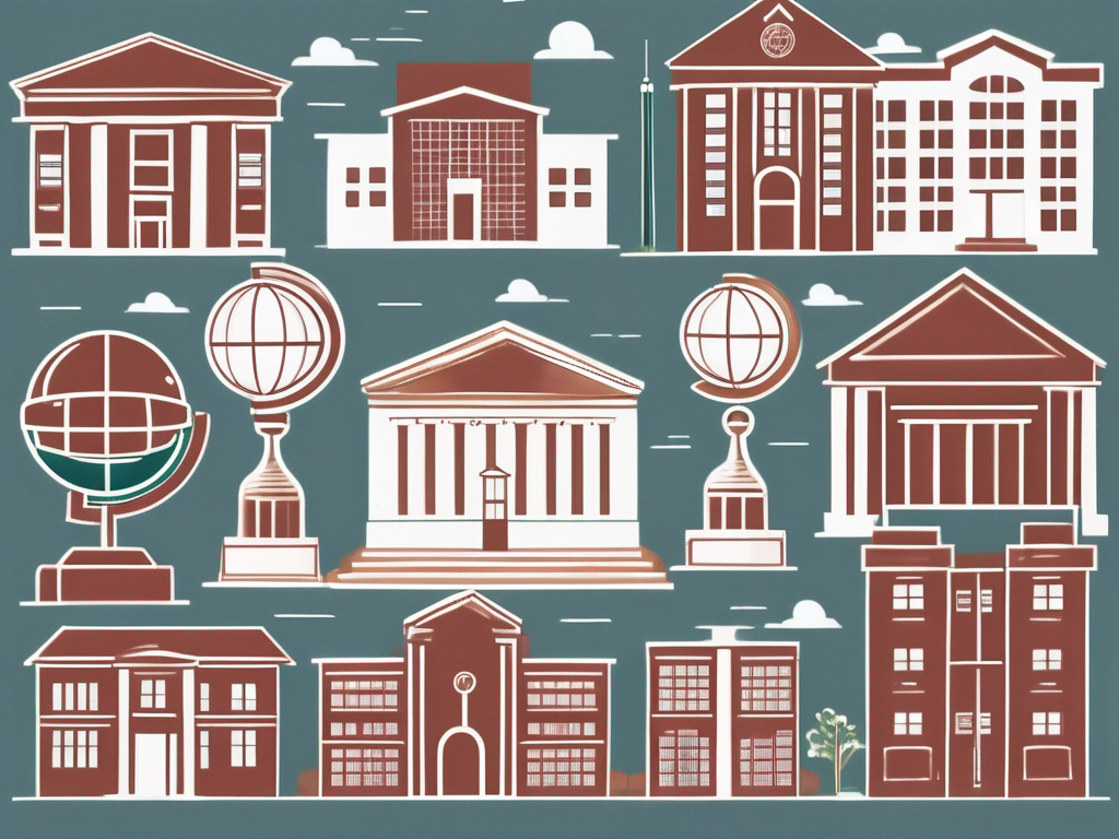 Various iconic school buildings from different countries