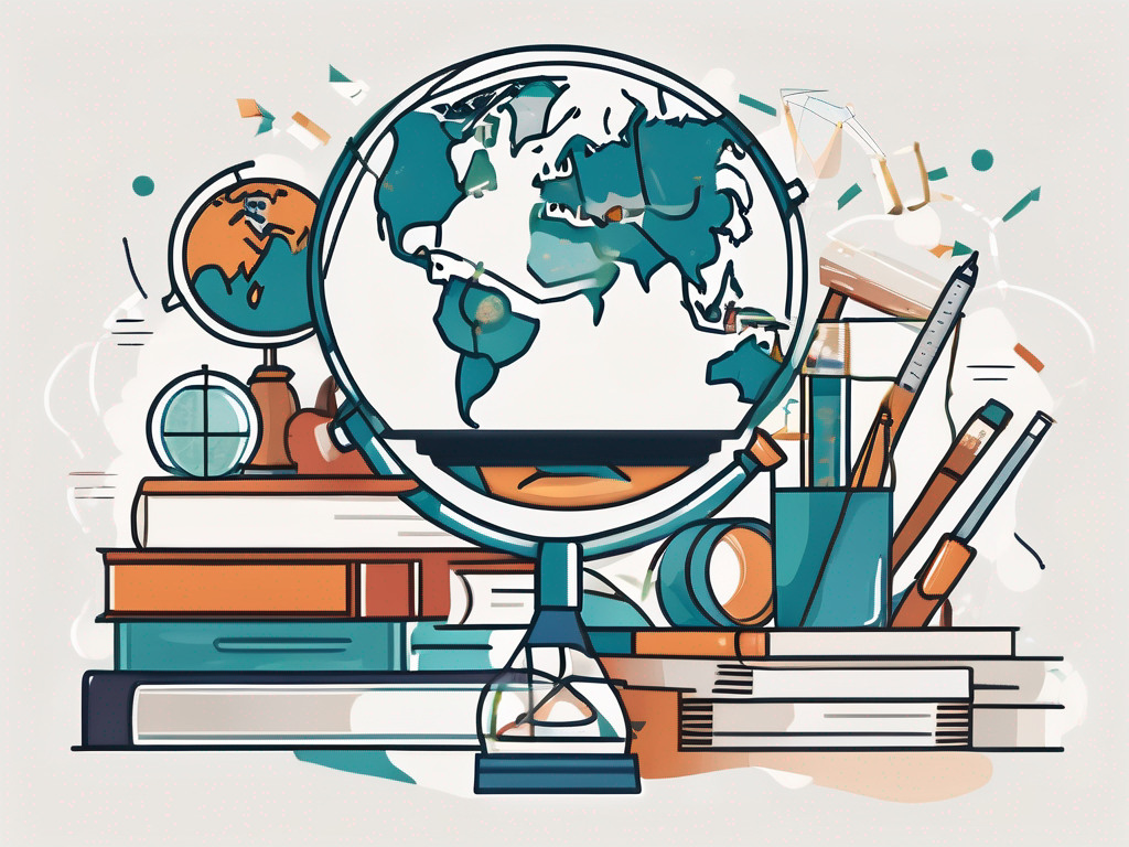 A globe surrounded by various educational tools like books