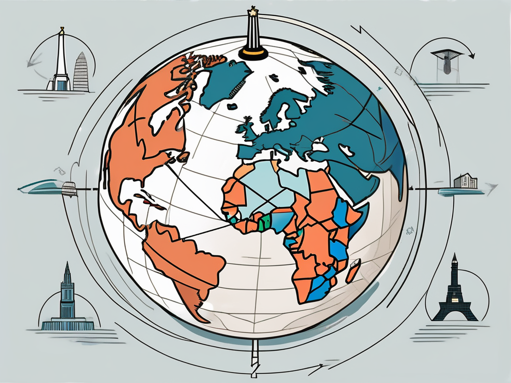 A globe with various iconic landmarks from different countries