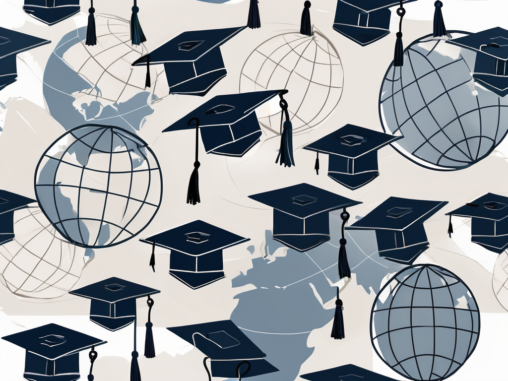 A globe with various sizes of graduation caps scattered around