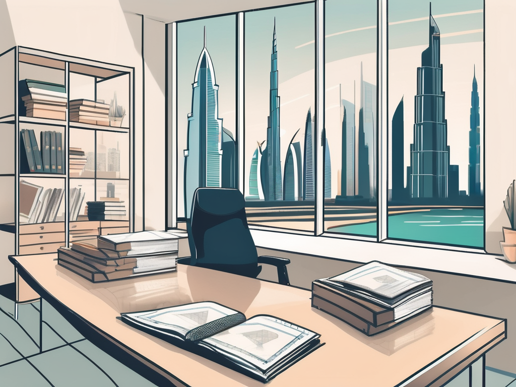A classroom with iconic dubai landmarks visible through the window