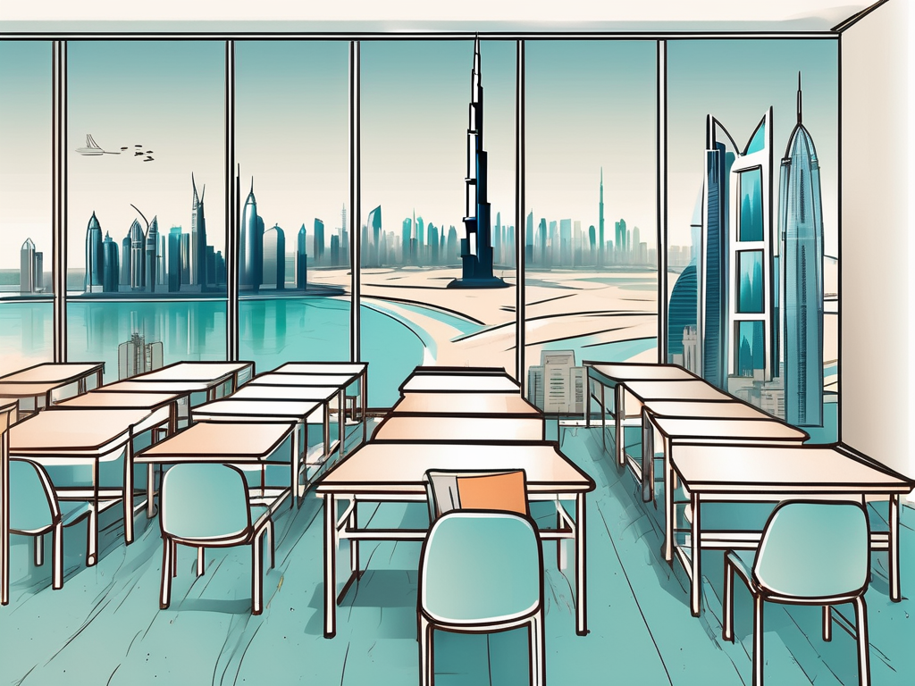A classroom setting with a backdrop of iconic dubai landmarks
