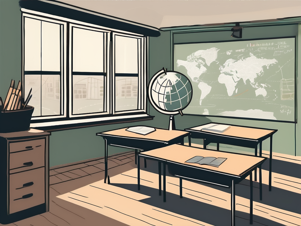 A classroom with australian landmarks visible through the window