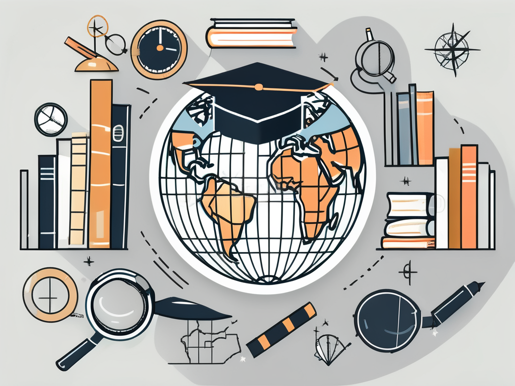 A globe surrounded by educational tools like books