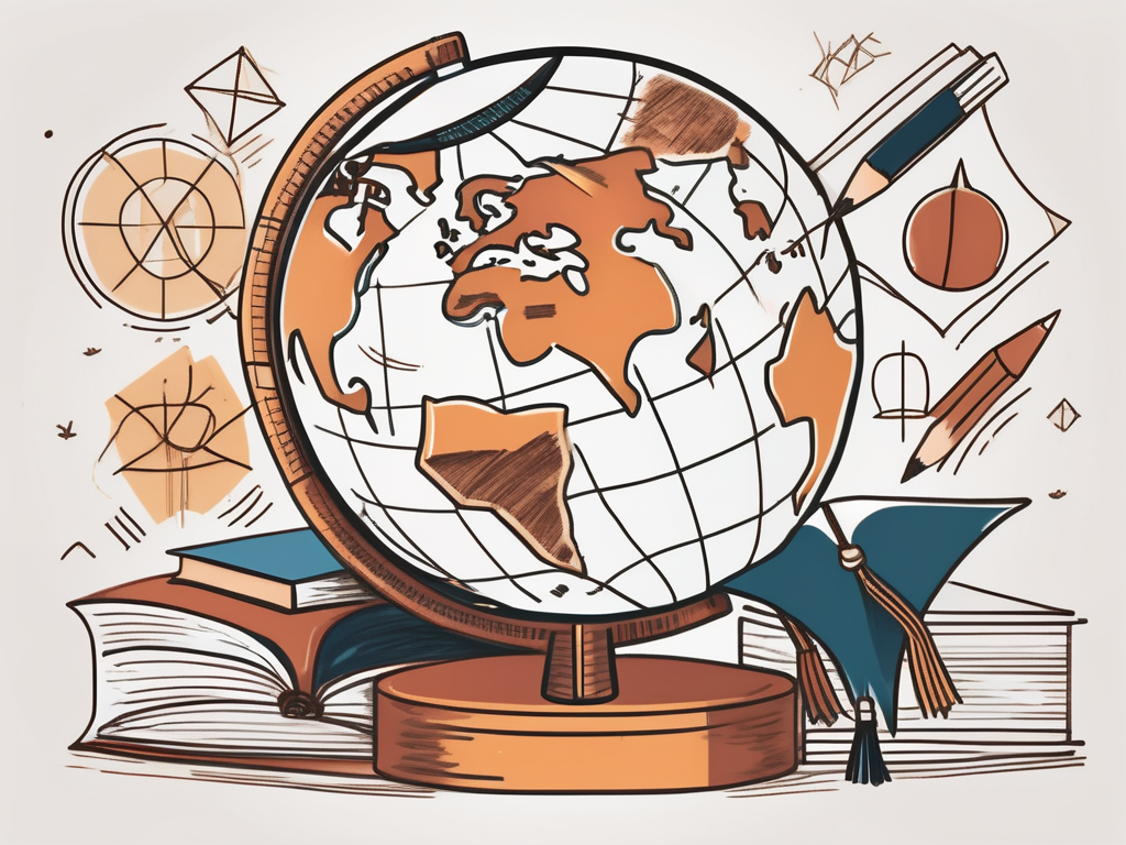 A globe with various educational symbols like books