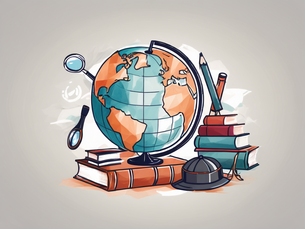 A globe with various educational tools like books