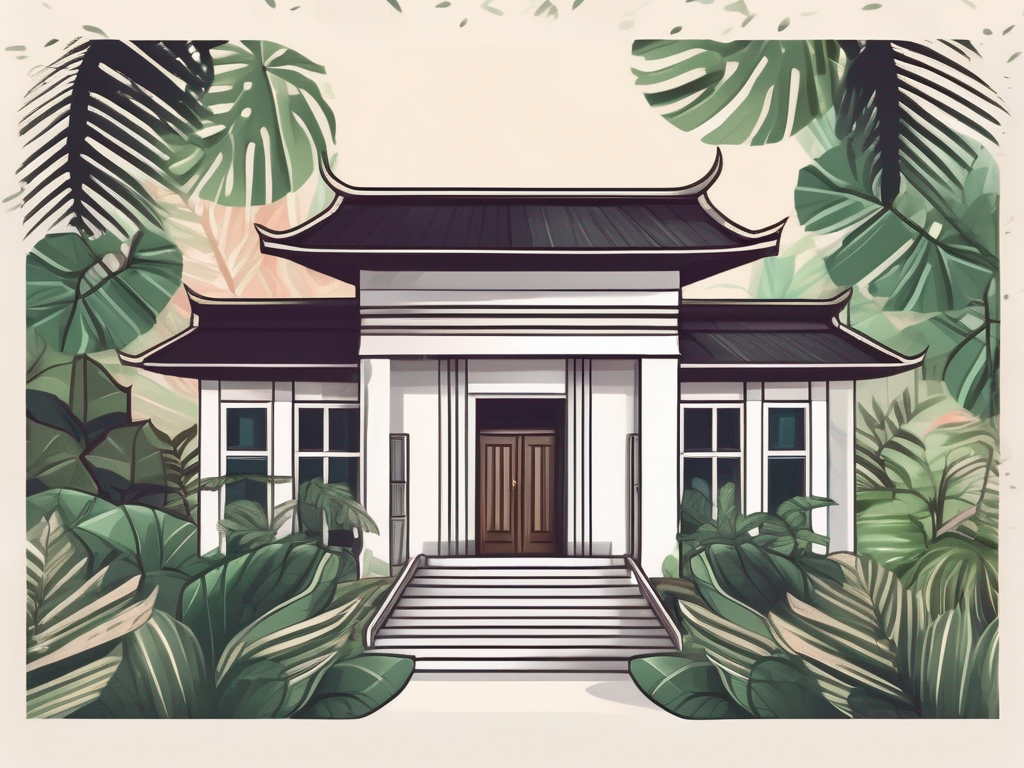 A traditional thai school building with a graduation cap and diploma placed on the front