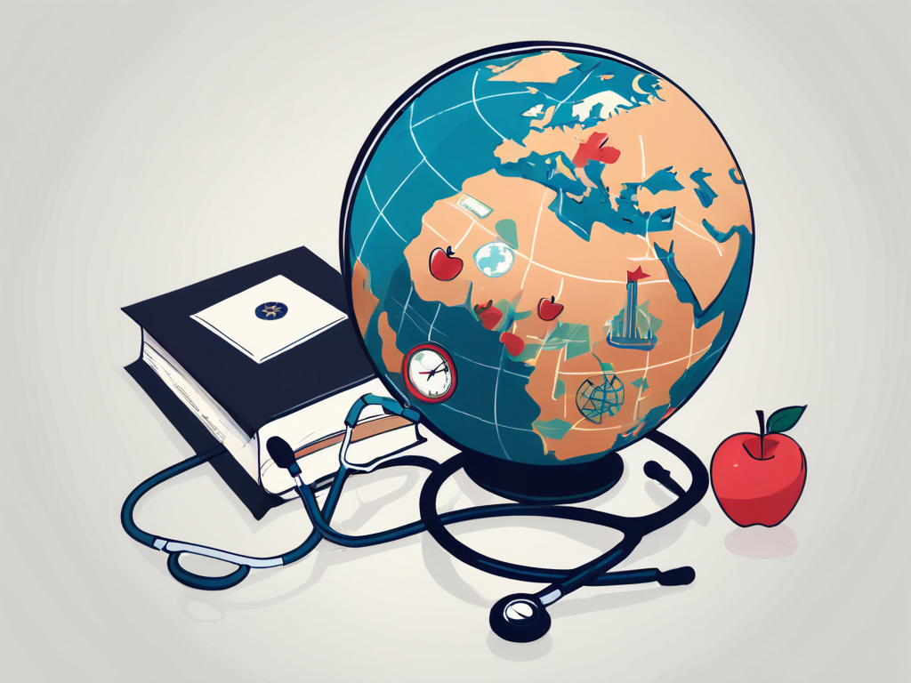 A globe with various iconic educational symbols (like an apple
