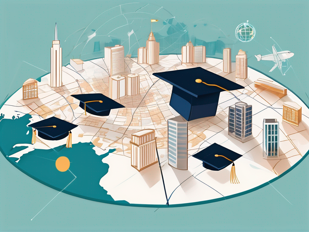 A global map with various international school buildings scattered around and a graduation cap hovering above them
