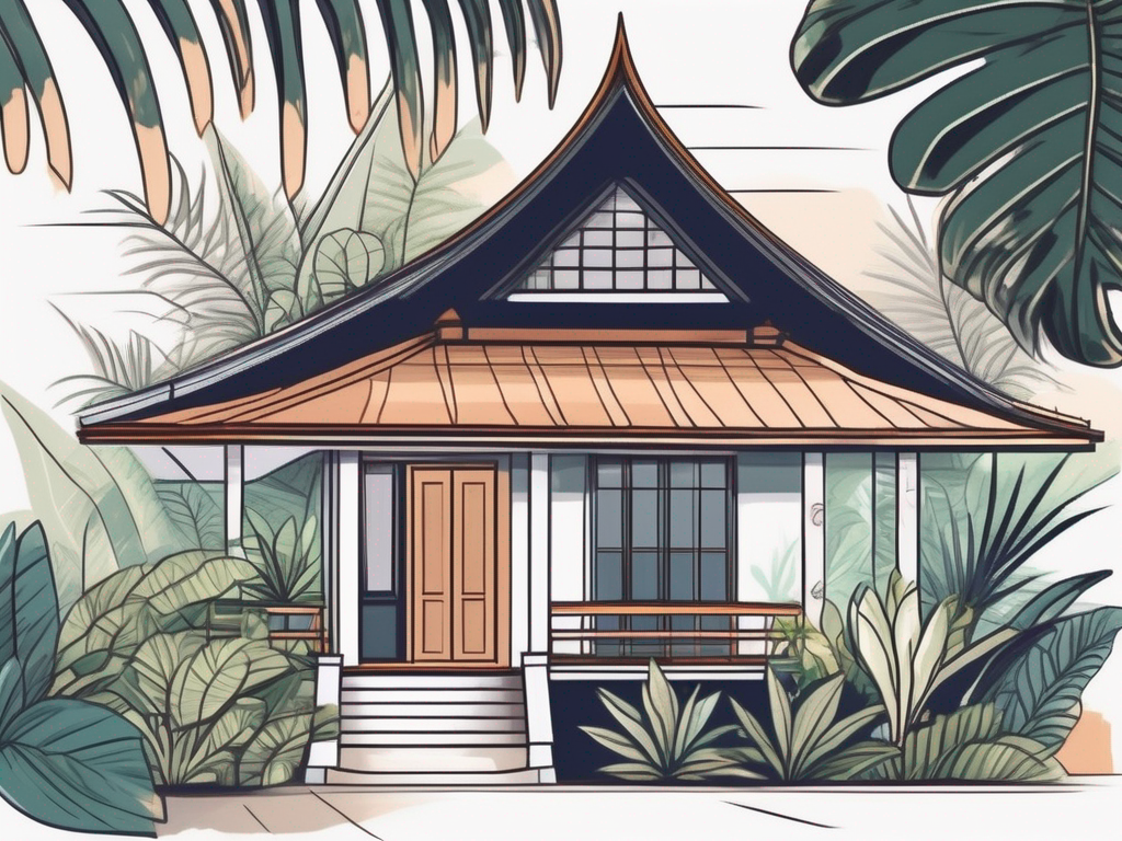 A quaint thai house surrounded by tropical plants with a backpack and a graduation cap placed on the front porch