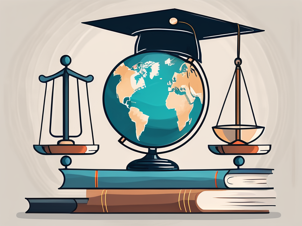A balanced scale with a globe on one side and a stack of books and a graduation cap on the other