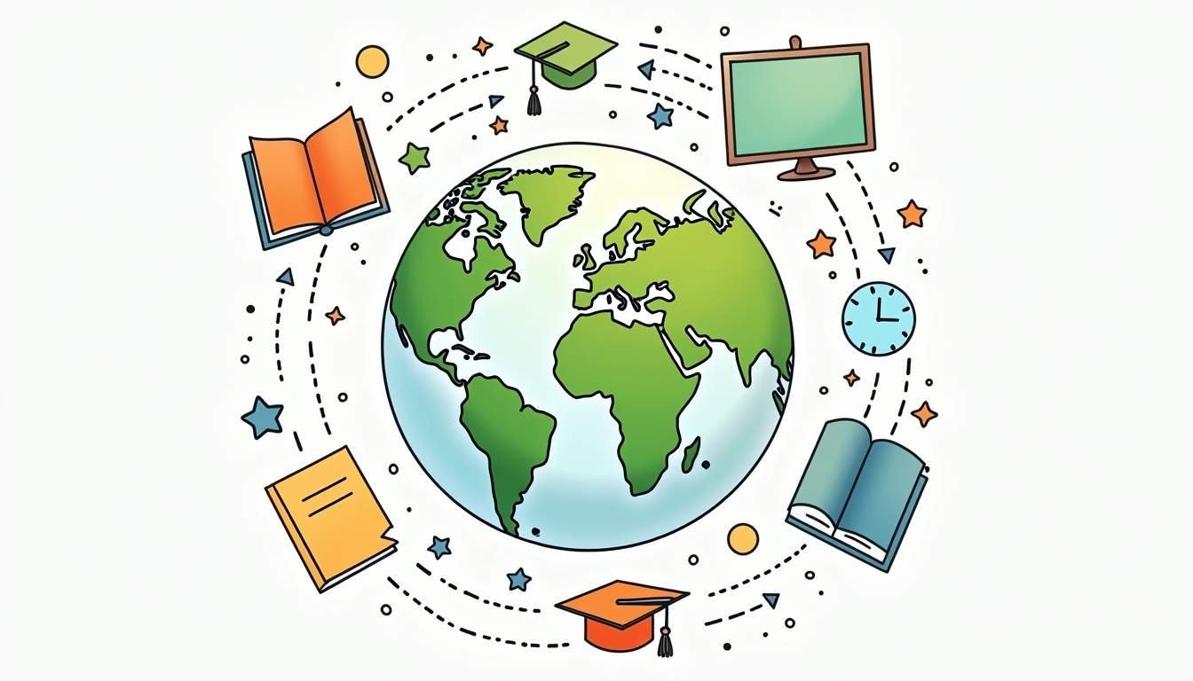 A vibrant globe surrounded by various educational symbols