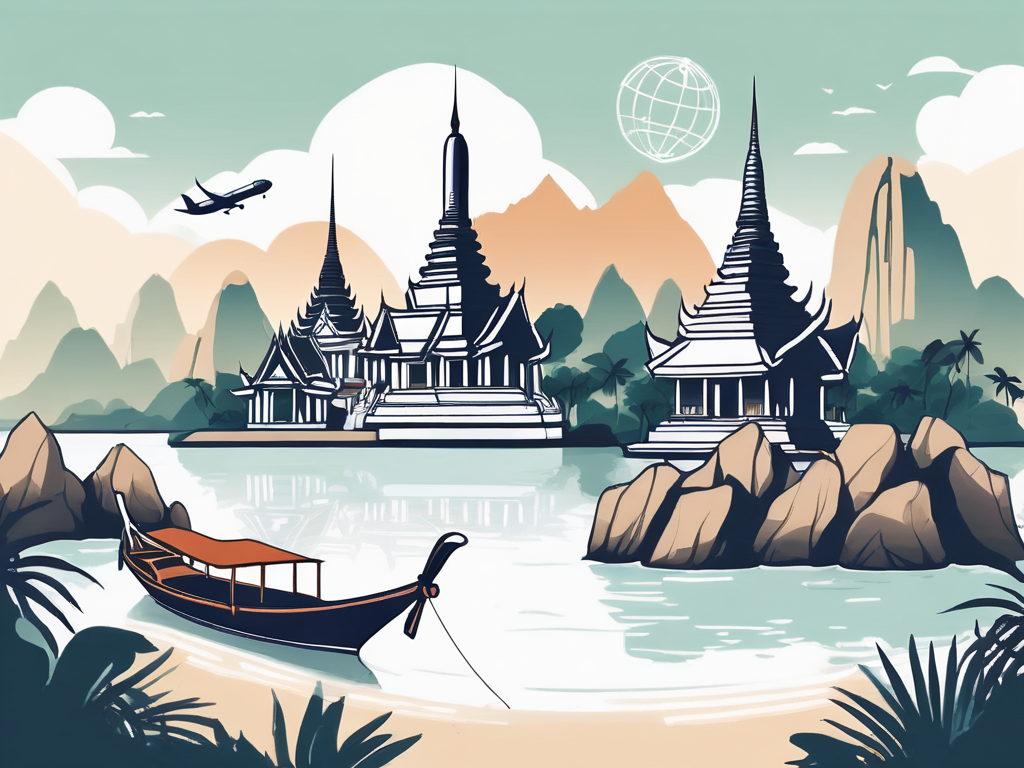 A scenic thai landscape with iconic landmarks like temples or beaches