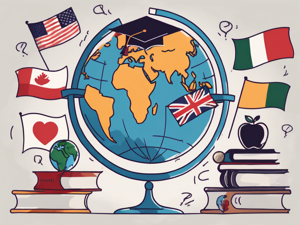 A globe with various educational symbols like books