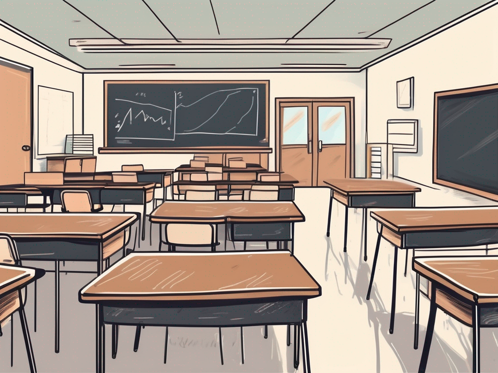 A classroom setting with empty chairs