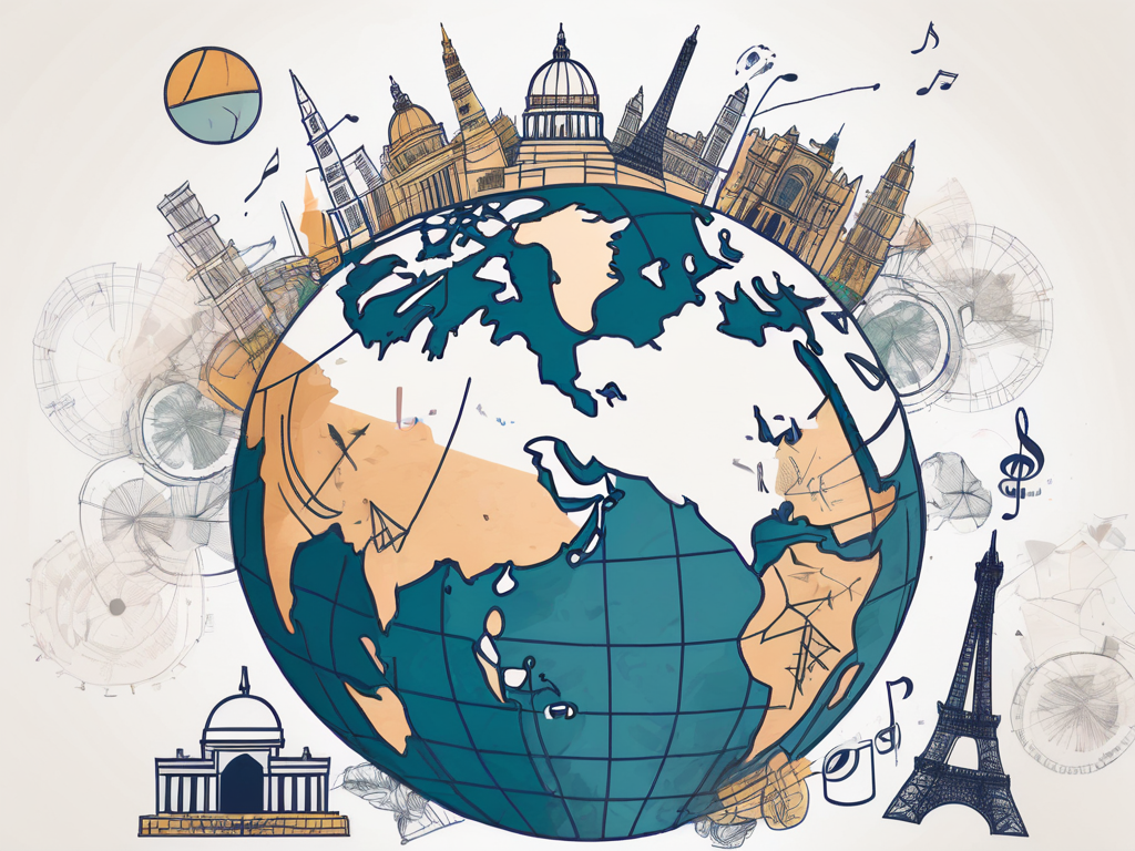 A globe with various iconic international landmarks