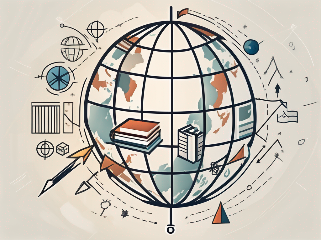 A globe with different educational icons like graduation cap
