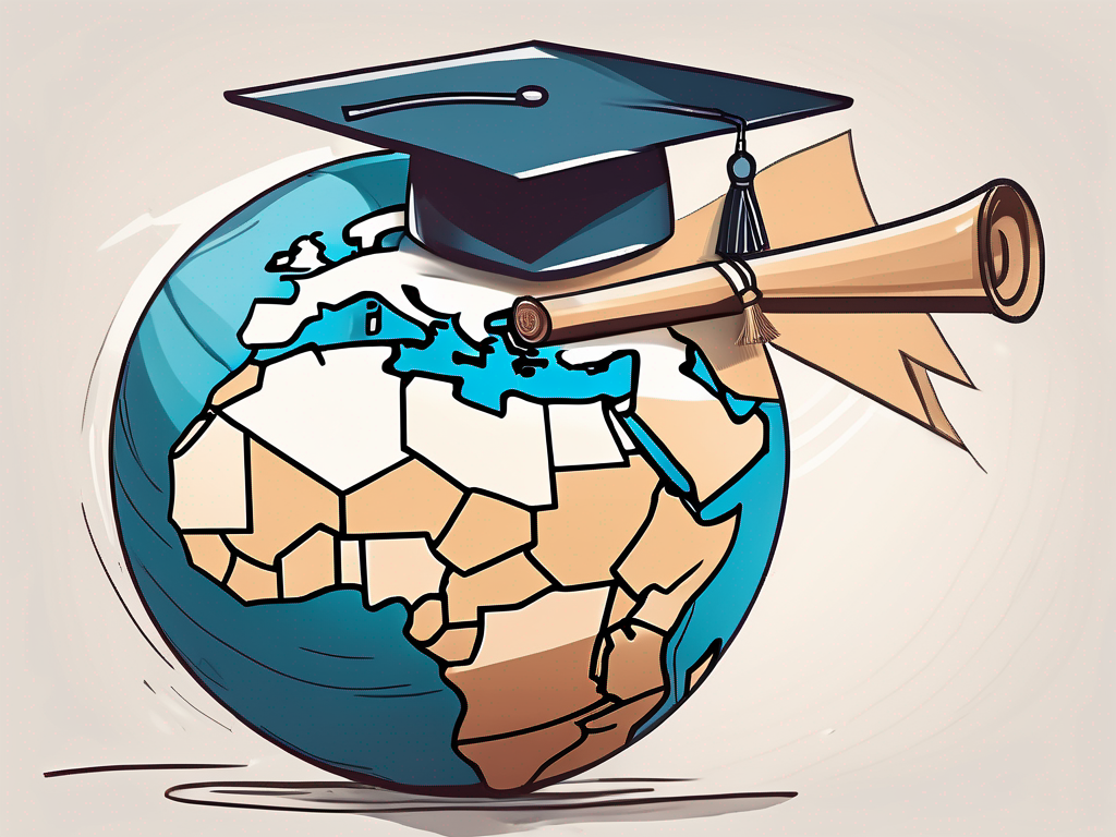 A globe intertwined with a graduation cap and diploma