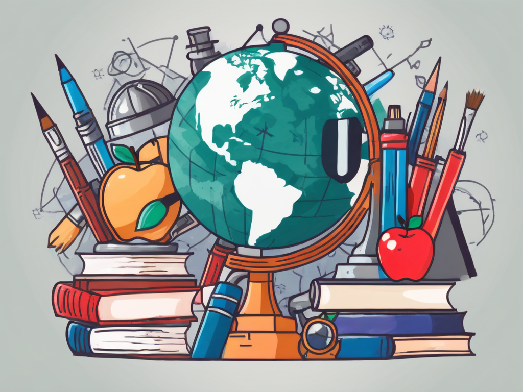 A globe with various educational symbols like books