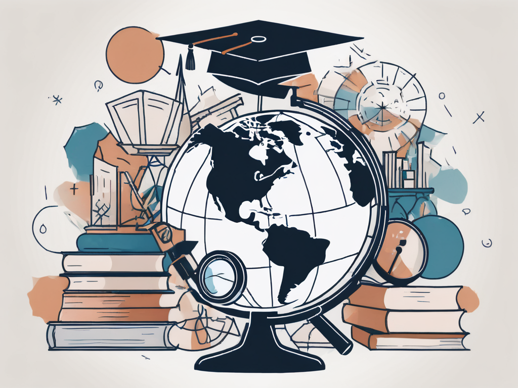 A globe surrounded by various educational symbols like books