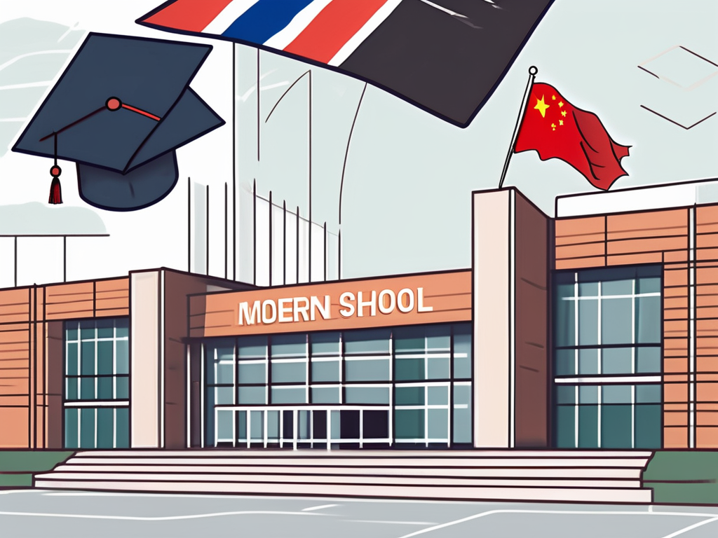 A modern school building with the chinese flag flying on top