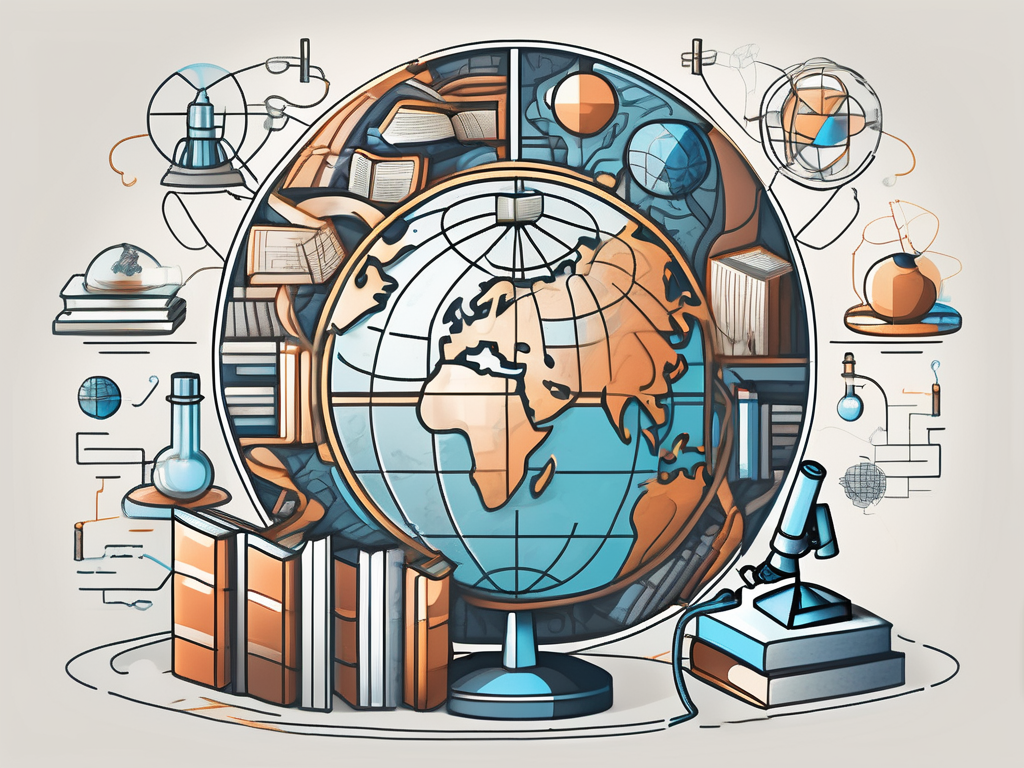 A globe with various iconic educational symbols like books