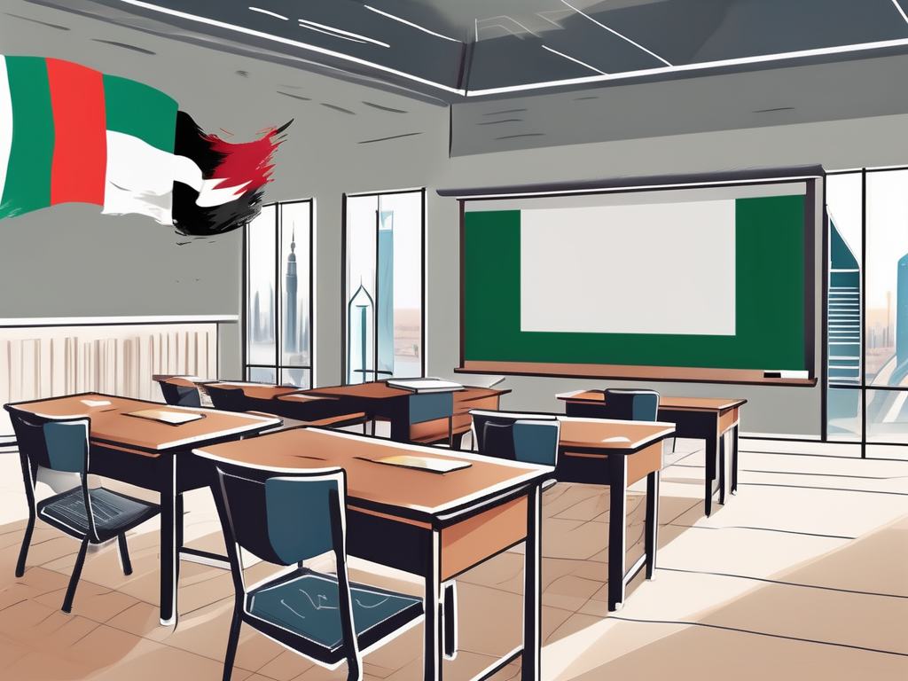 A classroom setting in uae with a chalkboard displaying various international flags