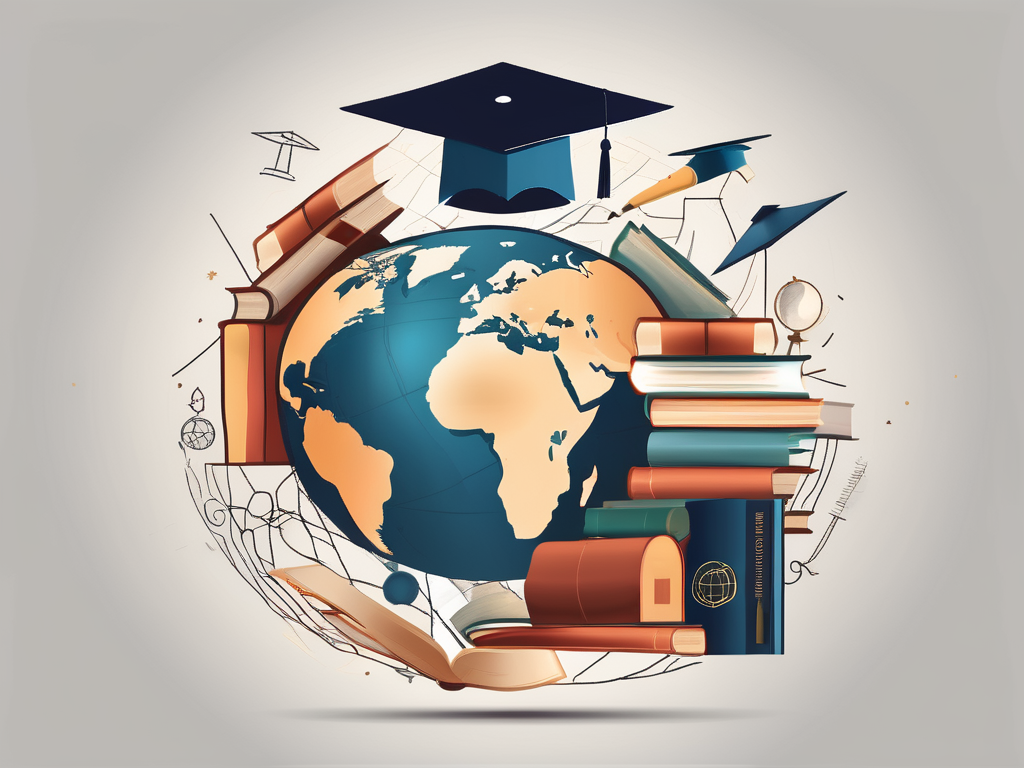 A globe with various educational icons like books