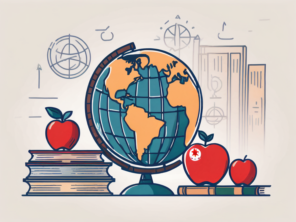 A classroom setting with various international symbols