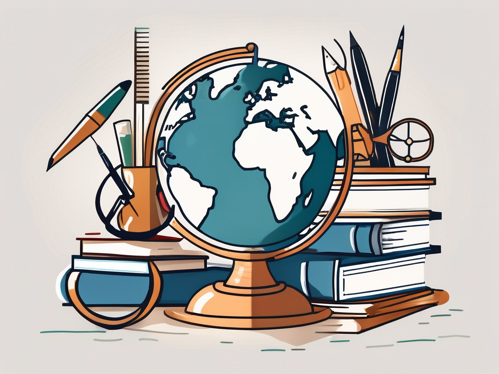 A globe surrounded by various educational tools like books