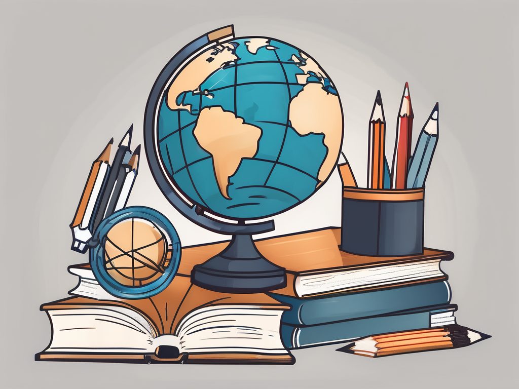 A globe surrounded by various educational tools like books