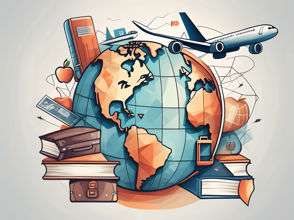 A globe with various educational symbols like graduation cap