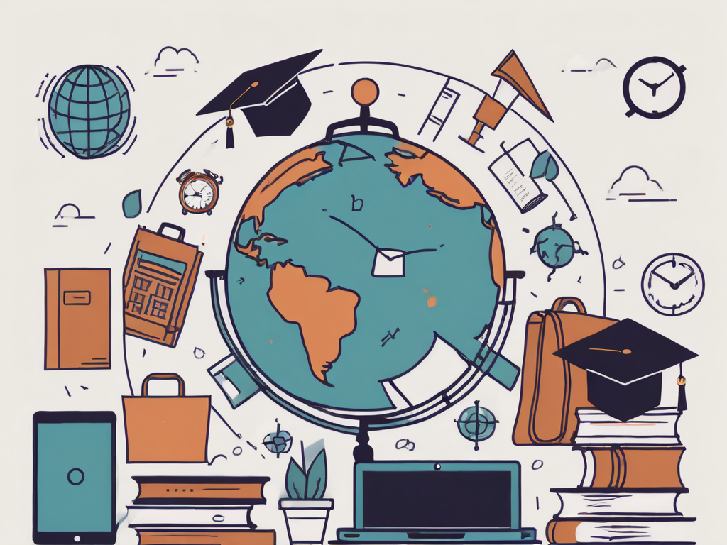 A globe with different educational icons such as a graduation cap