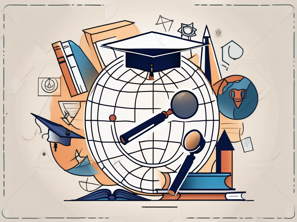 A globe surrounded by various educational symbols like books