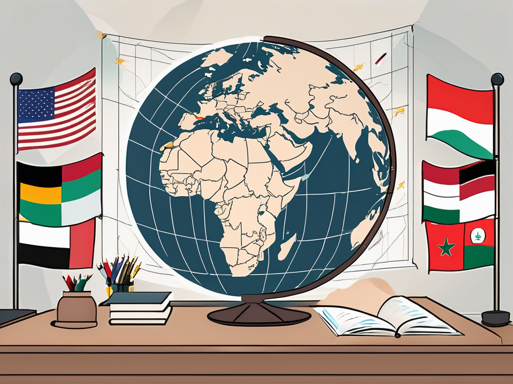 A classroom with international flags