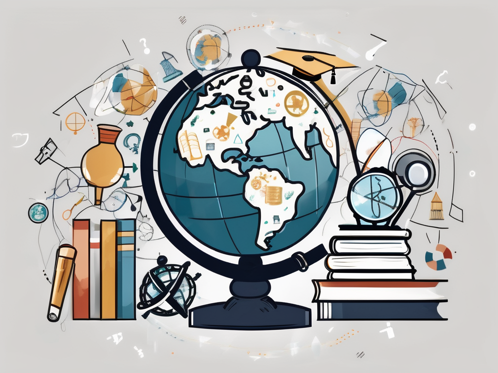 A globe surrounded by various educational symbols like books