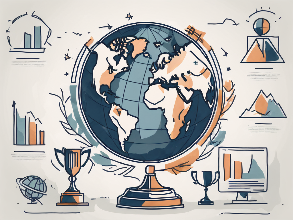 A globe with symbolic icons of a graduation cap and a trophy