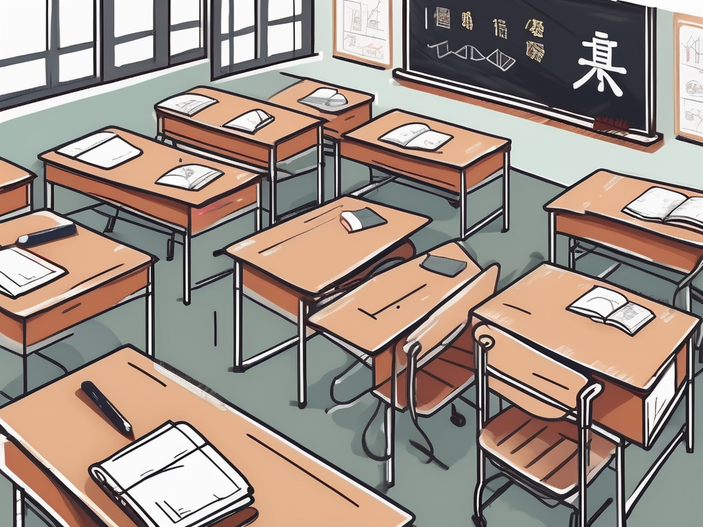 A classroom setting in china with a chalkboard