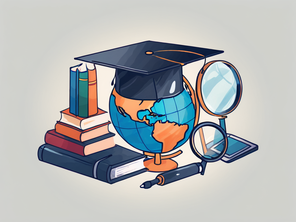 A globe with various educational tools like books